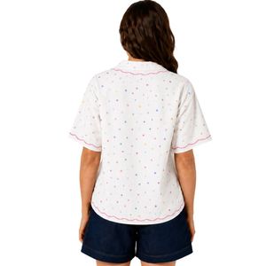 Camisa blanca de mujer con lunares bordados, manga corta, con botones, informal, de verano, de algodón, con cuello, blusa personalizada, tops de moda OEM - Product Image 2