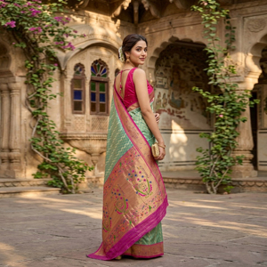 Sari en soie vert marine avec un riche motif tissé Zari |   Tenues traditionnelles indiennes pour femmes pour les mariages et les fêtes de Diwali - Product Image 2