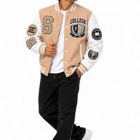 Vestes de sport beiges pour hommes, style preppy, avec patchs brodés, col rabattu, coupe classique, pour l'automne.