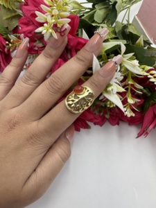 Red Onyx Tree Of Life Stone <b>Ring</b> Brass <b>Gold</b> Plated Red Gemstone Oval Gemstone <b>Ring</b> Hollow Bulk Statement Jewelry - Product Image 3