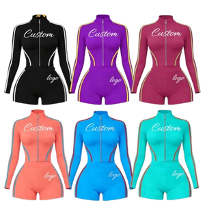 Women's 2 Piece Sporty <b>Crop</b> <b>Top</b> <b>Shorts</b> Set With Zipper Stand Collar <b>Short</b> Sleeve Solid Color Knitted Spandex Nylon Spring Summer - Product Image 3