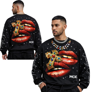 T-shirt court à manches longues et col rond pour homme, style vintage urbain, avec motif Saint, effet vieilli, strass et pulvérisation arc-en-ciel personnalisée - Product Image 3