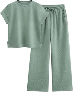 Ensemble décontracté d'été pour femmes en deux pièces, tissu tricoté respirant, haut à manches courtes col rond et pantalon large - Product Image 2