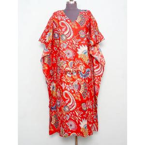 Indian Woman Maxi <b>Kaftan</b> Dresses Soft Breathable Cotton Relaxed Gown Ruffle Sleeves Floral printing Eco-Friendly 100% Cotton - Product Image 1