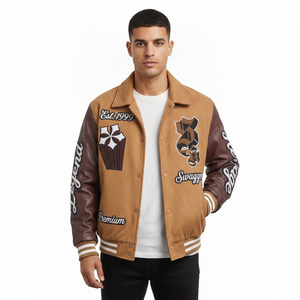 Veste varsity marron pour homme, manches en cuir, patch brodé, veste bomber de baseball, col rabattu, décontractée, automne - Product Image 2