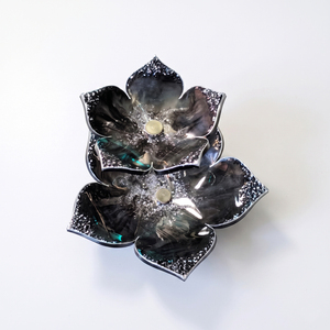 Luxury 2-Tier Flower Metal Fruit Bowl <b>Stand</b>, Black Enamel Pastry Serving Tray With Silver <b>Birds</b> Branch Base For Tabletop Buffet - Product Image 6