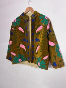 Handmade Suzani Velvet <b>Kantha</b> Quilt <b>Jacket</b> Embroidered Cotton Coat - Product Image 5