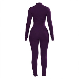 Combinaison de yoga pour femme à manches longues, col montant zippé, taille haute, effet ventre plat, couleur unie violet, longueur intégrale - Product Image 4