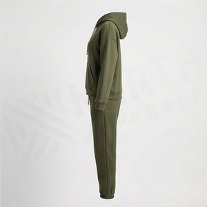 Conjunto de Sudadera con Capucha de 2 Piezas para Mujer, Color Verde Oliva, Felpa, Corte Holgado Informal, Sudadera y Pantalones Deportivos, Manga Larga, Color Sólido, para Todas las Temporadas - Product Image 3