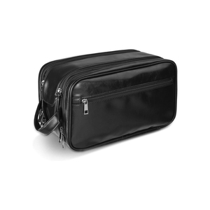 Sac de toilette en cuir rectangulaire minimaliste, sac de rangement portable pour la salle de bain, finition noire brillante - Product Image 1