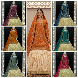 Designer Viscose <b>Silk</b> Farshi Gharara Suit Gold Zari Embroidered <b>Kurta</b> with Tiered Cream Bottom & Dupatta Elegant Wedding Par - Product Image 6