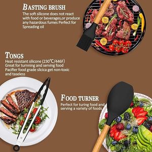 Ustensiles en silicone pour la cuisine et la pâtisserie - Ensemble de 12 pièces antiadhésives avec manche en bois, résistantes à la chaleur, outils de cuisine (noir) - Product Image 3