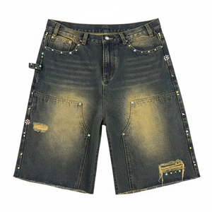 Shorts de mezclilla casuales con pedrería, de cintura baja y corte recto, para hombre y mujer, de moda y gran venta. - Product Image 1
