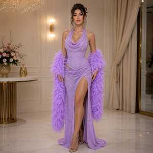 Lavender Crystal Beaded Mermaid Evening Gown Feather Shawl Designer Halter Neck High Slit Sweep Train Prom <b>Dress</b> Glamorous <b>Dress</b> - Product Image 1