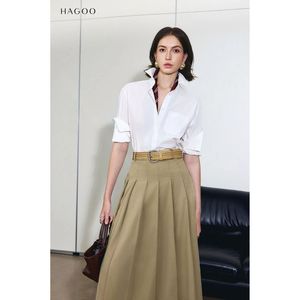 Jupe midi plissée longue kaki taille haute CV779 en coton tissé uni décontractée toutes saisons - Product Image 4