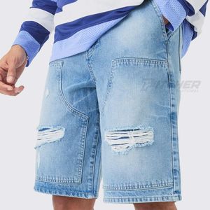 Pantalones Cortos Bermuda de Mezclilla Rasgada Gris Claro para Hombre, Cintura Media, Elásticos, Transpirables, Estilo Casual, de Algodón Tejido, para Verano, OEM - Product Image 4