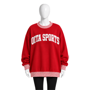 Sweat-shirt rouge surdimensionné pour homme avec col et ourlet à carreaux, manches longues, imprimé graphique, pull décontracté streetwear - Product Image 1