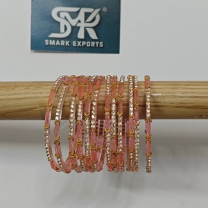 Luxury Peach Pink Stone Studded <b>Glass</b> <b>Bangles</b> Set Handmade Traditional Indian Bridal Wedding Jewelry for Women - Product Image 4