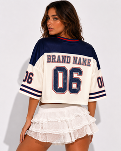 Premium Mesh Custom <b>Rhinestone</b> Crystal Number American Football Jersey Crew Neck Short Sleeve Y2K Bling Crop <b>Top</b> Shorts Sets OEM - Product Image 3