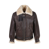 Blouson en cuir de mouton brun tanné pour homme, style motard, avec fermeture éclair, doublure Sherpa et logo frontal, idéal pour l'hiver