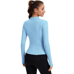 Women's Light Blue Full Sleeve Zipper Ribbed Yoga <b>Jacket</b> Fitted Breathable Seamless Spandex Polyester Athletic Outerwear - Product Image 3