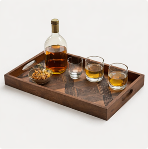 Premium Rectangular Wooden Serving <b>Tray</b> With Cutout Handles Modern Geometric Engraved Design For Coffee Table Decor & <b>Breakfast</b> - Product Image 2