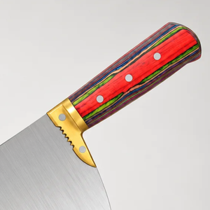 Couteau à découper la viande robuste PK-DR, lame large argentée, manche en bois multicolore rouge et vert, rivets dorés, couteau de boucher - Product Image 6