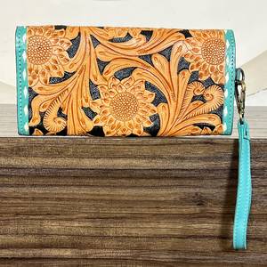 Pochette pour femme en cuir artisanal à motifs floraux, porte-monnaie et porte-cartes élégant de haute qualité, portefeuille long, sac de soirée - Product Image 6