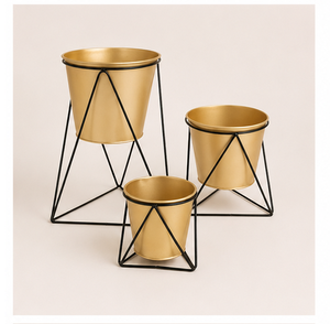 Modern Gold Metal Planter Set of 3 with Triangular Black Stands Tiered Luxury Indoor Flower <b>Pots</b> for Home Iron Plant <b>Holder</b> - Product Image 5