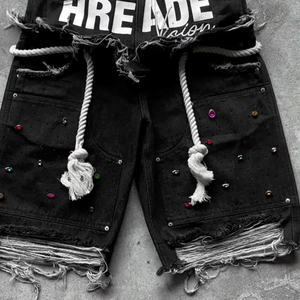 Fabricant de shorts en jean personnalisés, coupe baggy, avec cordon de serrage, déchirés, à strass, style charpentier, cargo, double taille, jorts, effet usé - Product Image 3