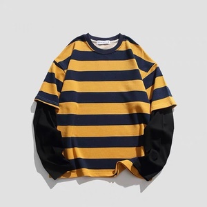 High Quality Custom logo DTG Print Long Sleeves Oversized Men French Terry Double Layer Stripe <b>Patchwork</b> Causal <b>Shirt</b> - Product Image 1