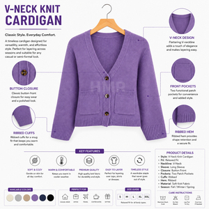 HMR Sisterhood Sorority Acrylic <b>Purple</b> Knitted V-Neck <b>Cardigan</b> Long Sleeve Casual Solid Color Button Front Sweater Top - Product Image 6