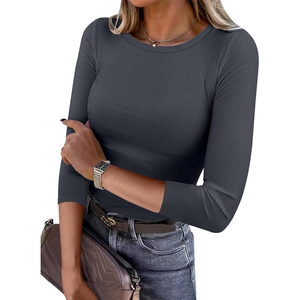 Haut sans bretelles côtelé à manches longues pour femme, coupe ajustée, couleur unie, décontracté, printemps, extensible, mélange de spandex, vintage, respirant - Product Image 1