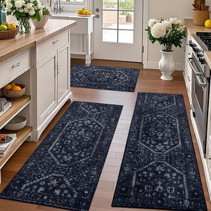 Set di 3 Tappeti da Cucina Boho Blu Navy, Lavabili, Antiscivolo, Morbidi, per Cucina, Corridoio, Bagno, Lavanderia, Tappeti Decorativi per Tutti i Pavimenti - Product Image 3