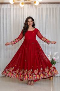 Vestido de diseñador con bordado brillante en georgette sintético, con pantalón de microalgodón y dupatta de georgette sintético, completamente cosido, listo para usar. - Product Image 3