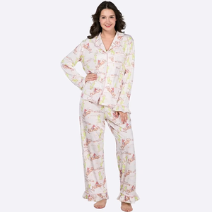 Women's Cotton Printed Pajama Set Full Sleeve V-Neck Long Pants Loose Fit Character Pattern Breathable Spring Casual Sleepwear - Product Image 1