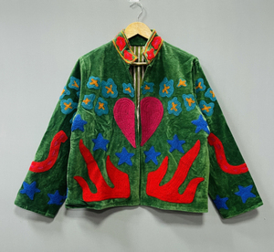 Chaqueta Bomber de Terciopelo 100% Algodón con Bordado Floral Bohemio, Tejida, Resistente al Viento, Transpirable, Cuello Alto Suzani, Largo Medio, Suave - Product Image 1