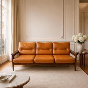 Luxury Tan Leather <b>Sofa</b> Three Seater Modern <b>Wooden</b> <b>Frame</b> Cushioned Seats Premium Living Room Furniture Eco-Friendly Transitional - Product Image 4