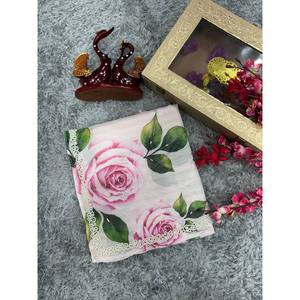 Beautiful Floral Print Saree with Pearl Handwork in Border for <b>Parties</b> and <b>Proms</b> - Product Image 1