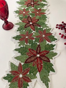Handmade Christmas Table Runner: Beaded Poinsettia Floral Decor (13x36 inch) - Product Image 3
