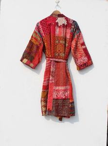 Chaqueta Kantha de retales de algodón puro cosida a mano con 2 bolsillos delanteros abrigo largo bohemio para mujer - Product Image 5