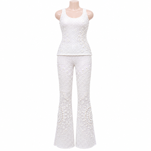 Luxury White Pearl Embroidered Co Ord Set Women | Sleeveless Top <b>Flared</b> Pants Designer Party Wear Wedding Outfit Elegant Fashion - Product Image 1