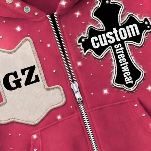 Custom Rhinestone <b>Zip</b> Up Hoodie Distressed Streetwear Heavyweight Fleece <b>Hooded</b> Sweatshirt Casual Fashion Unisex Wear - Product Image 4