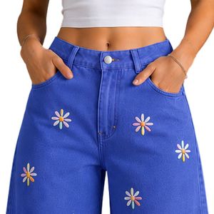 Jean en denim bleu roi pour femme, coupe large, broderie florale, taille haute, ample, style streetwear décontracté, personnalisable OEM ODM, vente en gros - Product Image 5