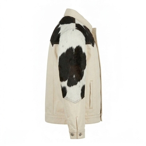 Veste en jean crème pour homme avec patchwork en cuir de vachette, coupe classique, manteau décontracté d'hiver - Product Image 3