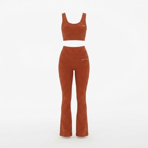 Women Rust Orange Ribbed Yoga Set Crop Top High Waist <b>Flare</b> <b>Leggings</b> Gym Fitness Workout Activewear - Product Image 1