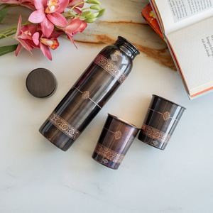 Ensemble de vaisselle en cuivre pur Indian Art Villa, finition antique, design en relief, sans BPA, anti-fuite, écologique, sans plastique - Product Image 2