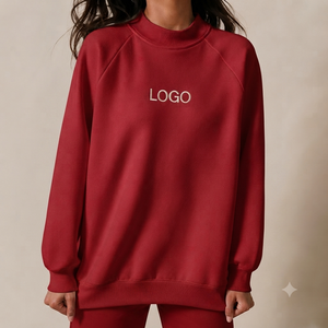 Sweat-shirt rouge à col rond pour femme, logo brodé, manches longues, tricot en coton, haut décontracté d'automne - Product Image 1