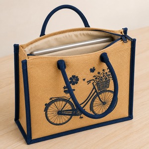 Sac fourre-tout de luxe décontracté en jute avec fermeture éclair, réutilisable, pour le shopping, imprimé floral, à porter à l'épaule pour les courses et l'usage quotidien - Product Image 5