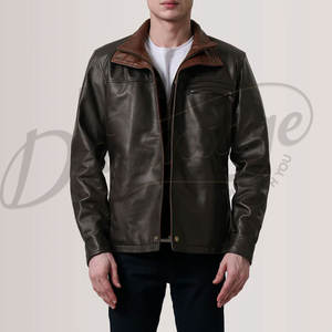เสื้อแจ็คเก็ตหนังสีน้ำตาลเข้มสำหรับผู้ชาย พร้อมปกด้านในสีแทนตัดกัน หนังแกะแท้ ทรงเข้ารูป สวมใส่สบายในฤดูใบไม้ร่วงและฤดูหนาว สไตล์ลำลองแบบนักขี่มอเตอร์ไซค์ - Product Image 2
